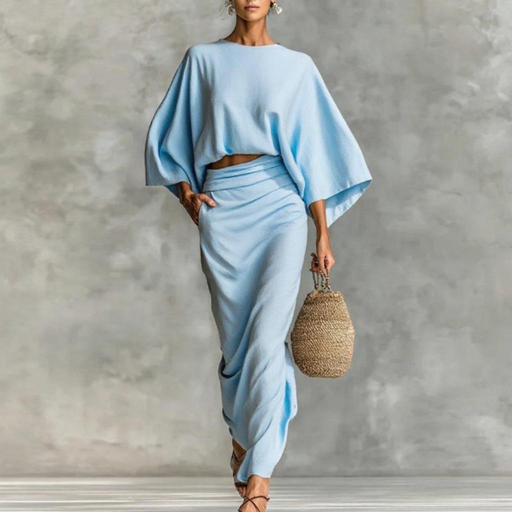 Women'S Fashion Featuring an Elegant Batwing Sleeve Crop Top with a Sexy Midriff Cut, Paired with a Versatile High-Waisted Skirt That Has a Back Slit