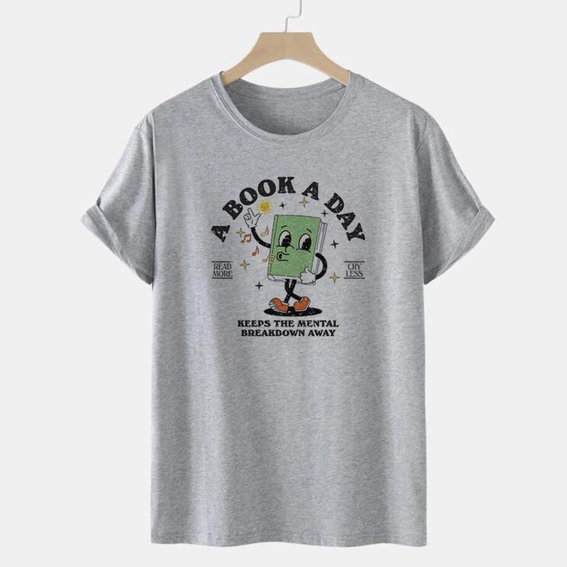A Book A Day Women Cute Cartoon Bookworm TShirts Funny Book Lover T Shirt Retro Reading Graphic Tees Unisex Bookish Tops Gifts