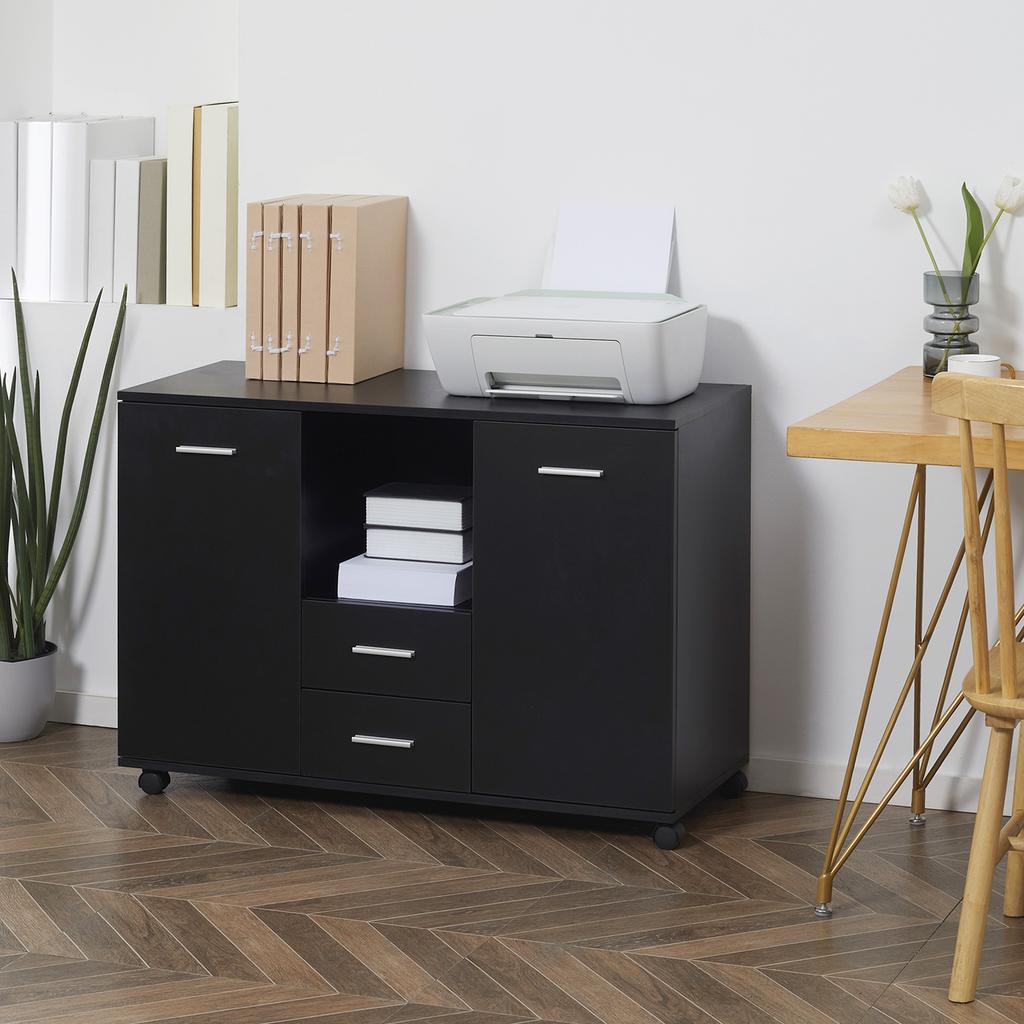 Multifunctional Office Cabinet with 360 degrees Wheels, for Printers and Files, in Black Wood 100x40x71cm
