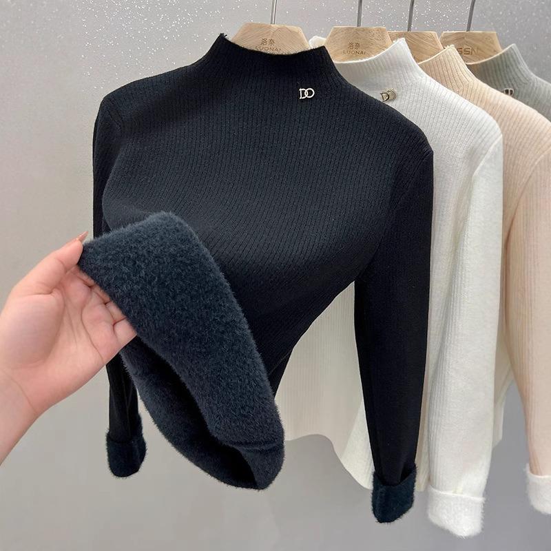 One-piece Fleece Fabric Solid Color Fleece Thickened Bottoming Shirt Women's Autumn and Winter with Semi-turtleneck Knitted Sweater