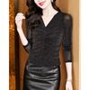 New Autumn V-neck Fashionable Temperament Versatile Bright Silk Mesh Yarn Long Sleeve Chic Base Shirt for Women