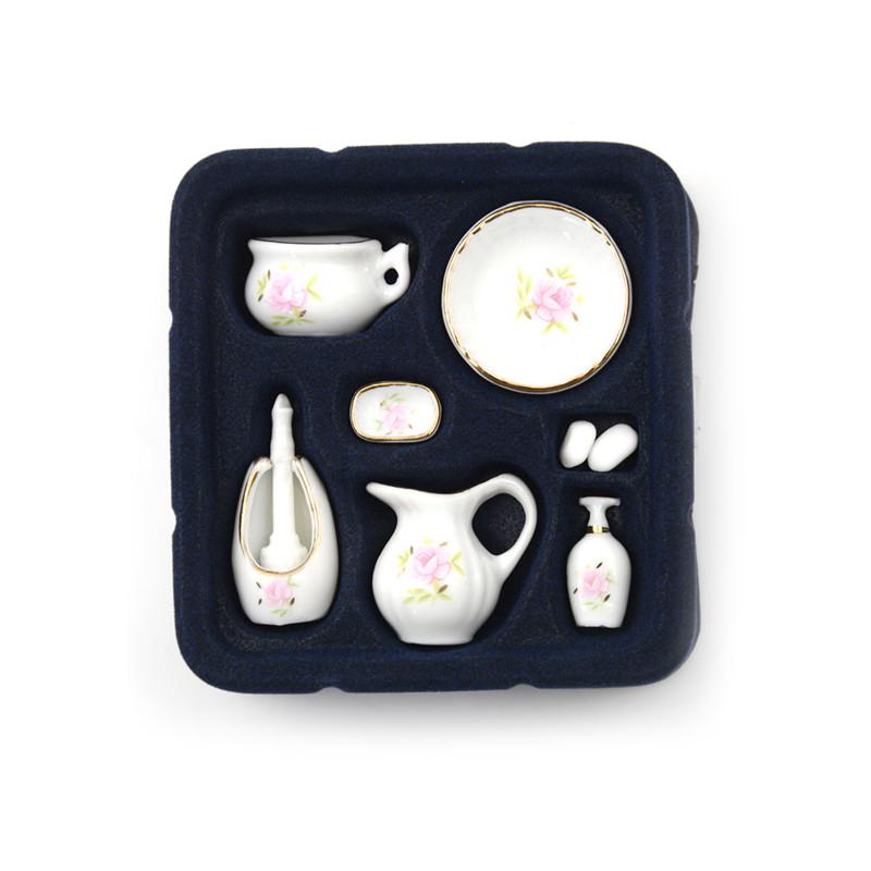 8Pcs 1/12 Miniature Dollhouse Bathroom Accessories Set Floral Ceramic Mini Decor Gift