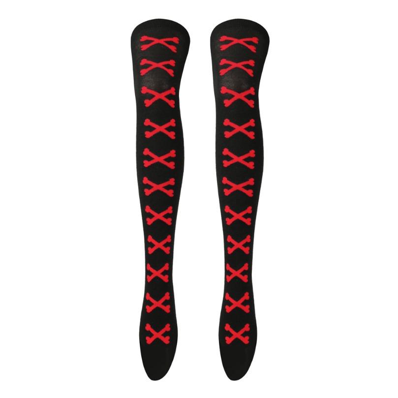 Oberschenkelhohe Socke Damenstrümpfe Knochen Damen Halloween Schwarz Weiß Rosa Gestreift Lang Über dem Knie Socke Lustig Cosplay Harajuku