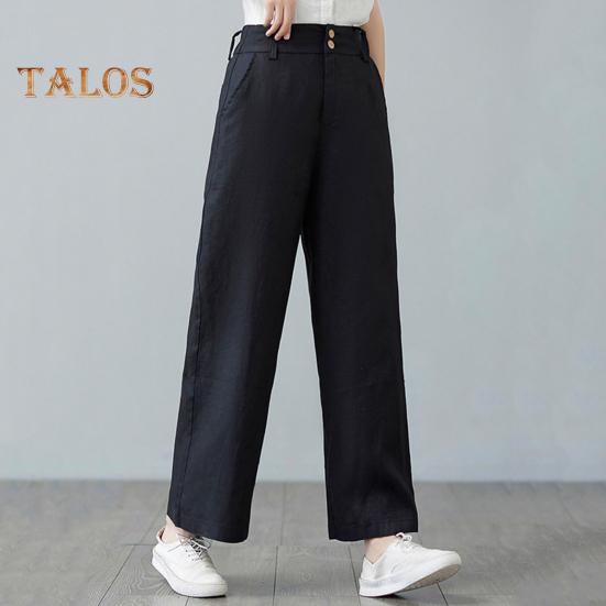 Women Casual Pants Elastic High Waist Buttons Zipper Fly Long Trousers with Pockets Solid Color Straight Wide Leg Slacks Daily Wear