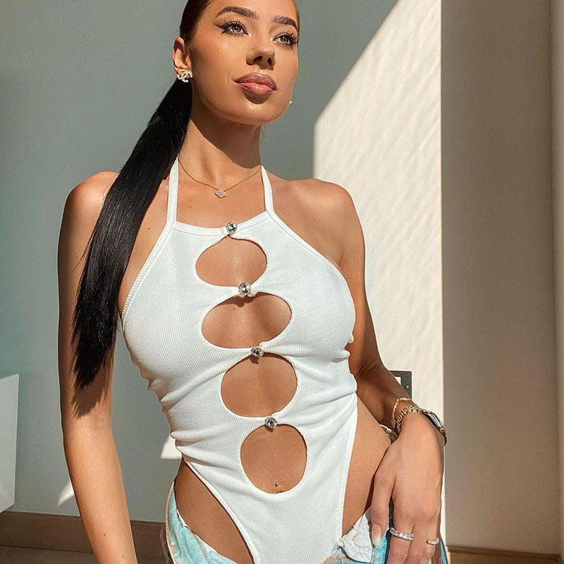 Estetické sexy streetwear kombinéza ženy s vysokým pasem dutý bez rukávů bodycon kombinézy Punk Emo Alternativní oblečení