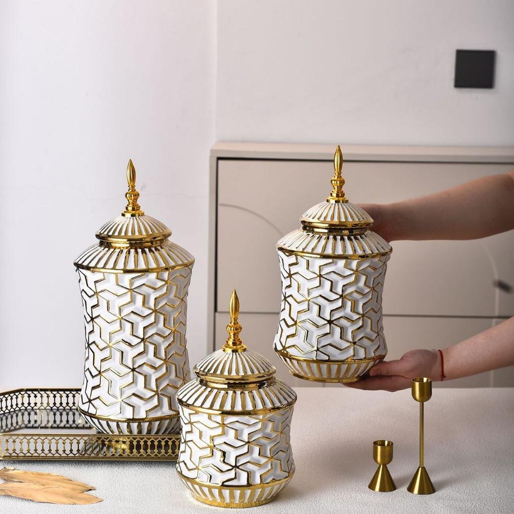 Light luxury ceramic general bottle storage jar Hotel flower arrangement ornament white gold ceramic vase large flowerpot decor