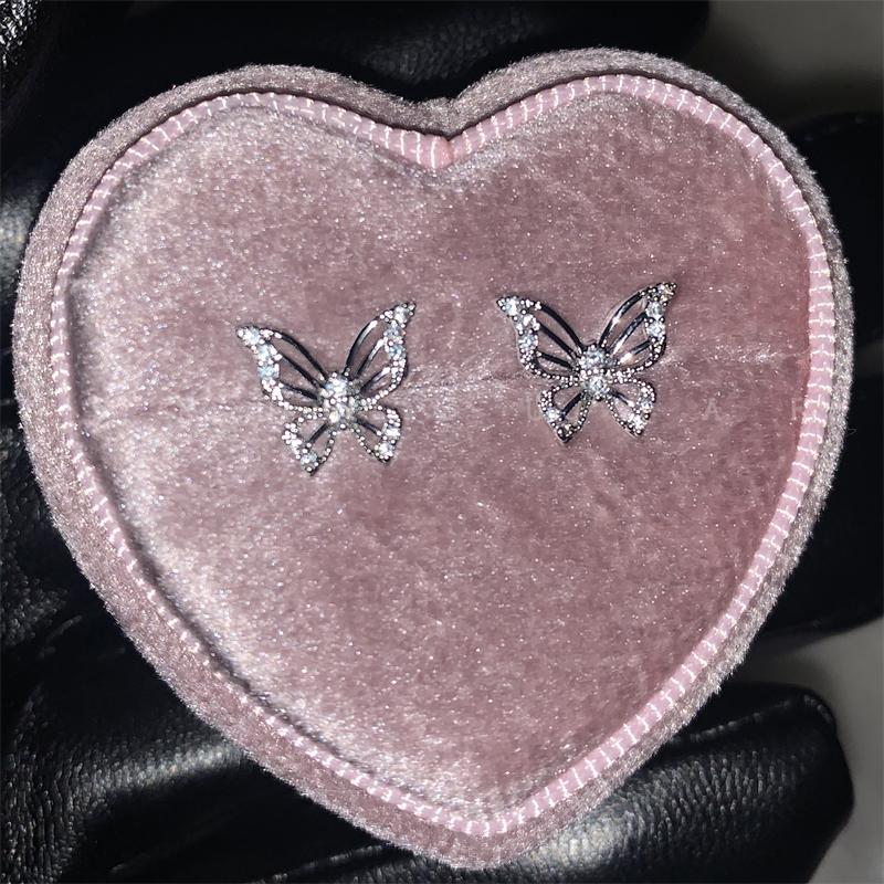 Shiny Silver Color Rhinestone Hollow Butterfly 316L Stainless Steel Ear Bone Nail Delicate Waterproof Small Earrings for Women