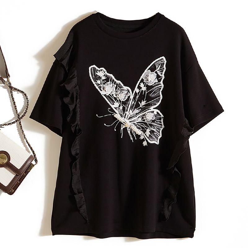 

Free Beaded Pansy! Goddess round Neck Cotton Mesh Tassel Cocoon Shaped Mid-Length T-shirt Spring and Summer Designer Model Black 2XL