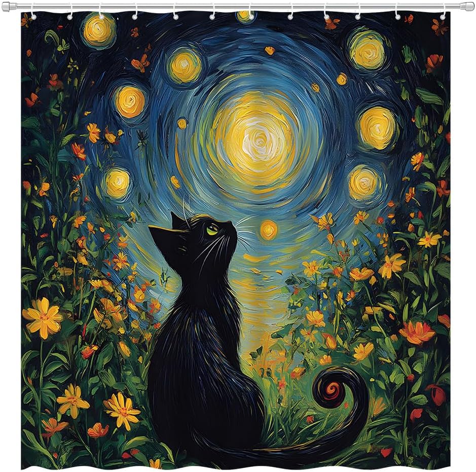 Funny Cat Shower Curtain Blue Starry Night Abstract Oil Painting Art Cute Black Kitten Rustic Garden Colorful Floral Wildflower W60H190(CM)-1 Pcs