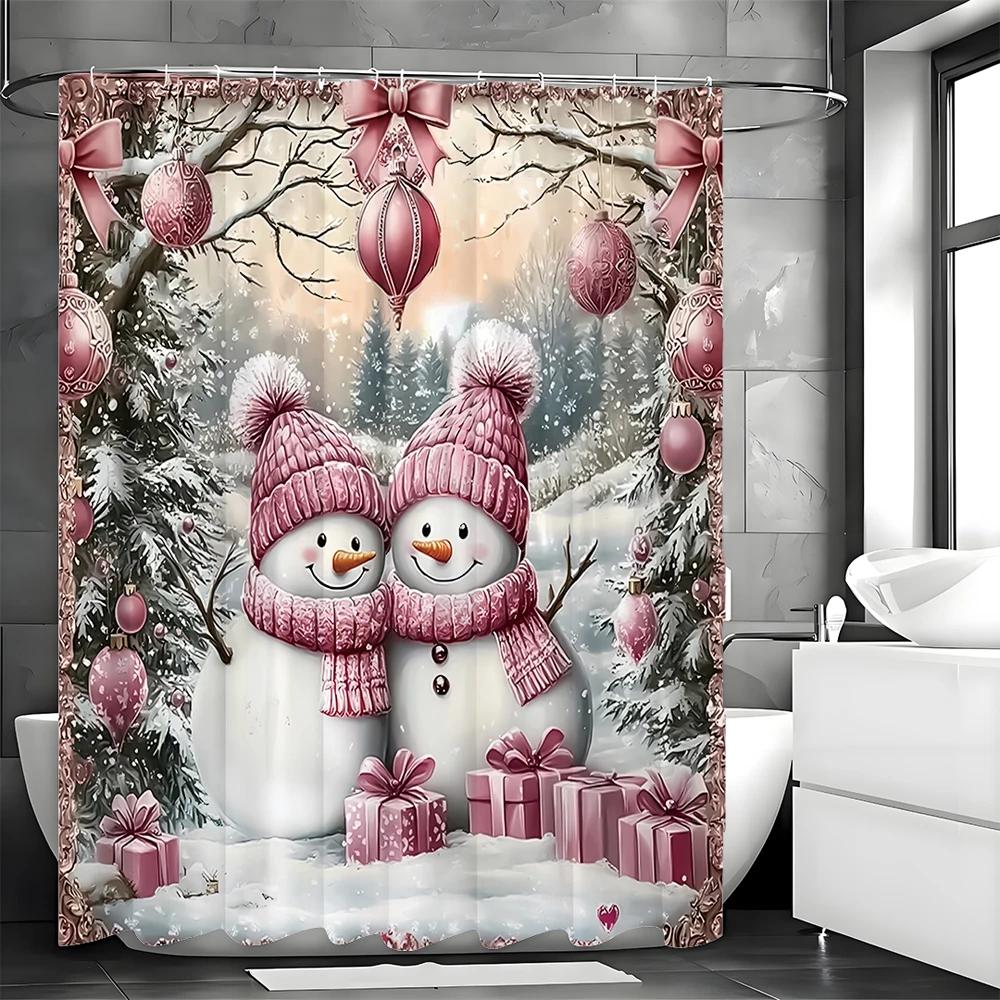 Świąteczna Różowa Zasłona Prysznicowa z Bałwanem i Podświetlanym Drzewkiem, Dekoracyjna Zasłona Prysznicowa do Łazienki, Wodoodporna Zasłona Prysznicowa z Haczykami