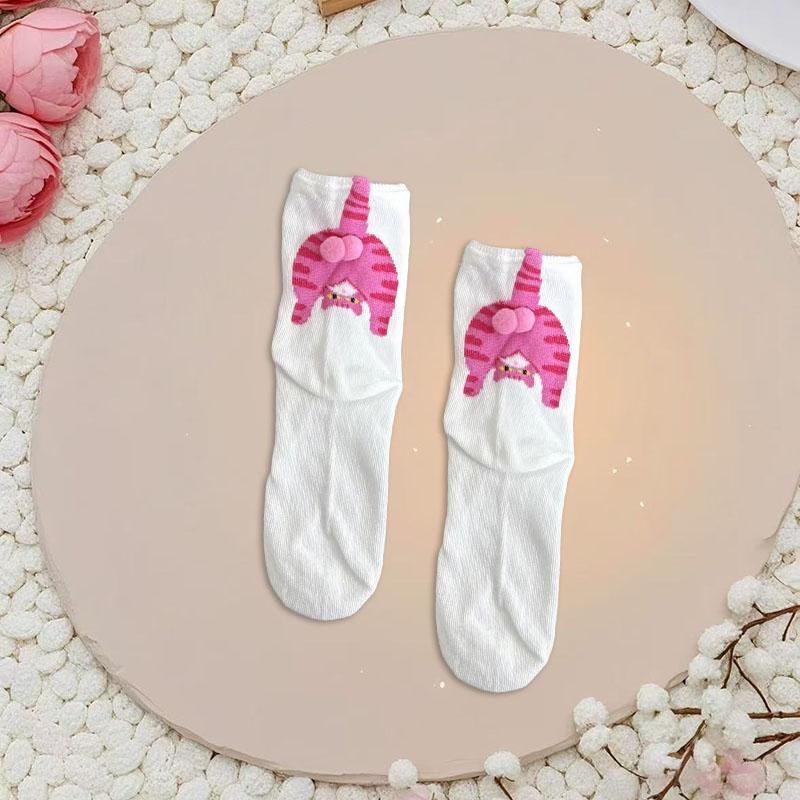 5 Par Tecknade 3D Katt Ägg Design Mellanhöga Strumpor för Kvinnor Mjuka Andningsbara Söta och Roliga Parstrumpor