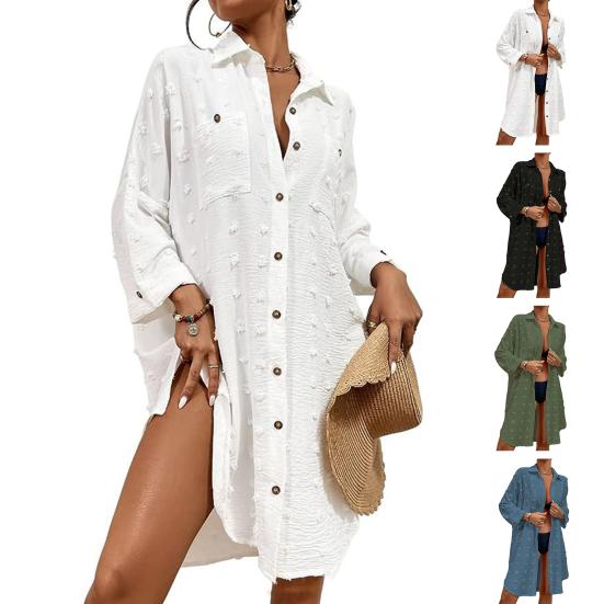 Camicia Estiva FEOYA Donna A Maniche Lunghe Con Bottoni, Protezione Solare UV, Copricostume Da Spiaggia Leggero, Scollo A V, Taglia Unica