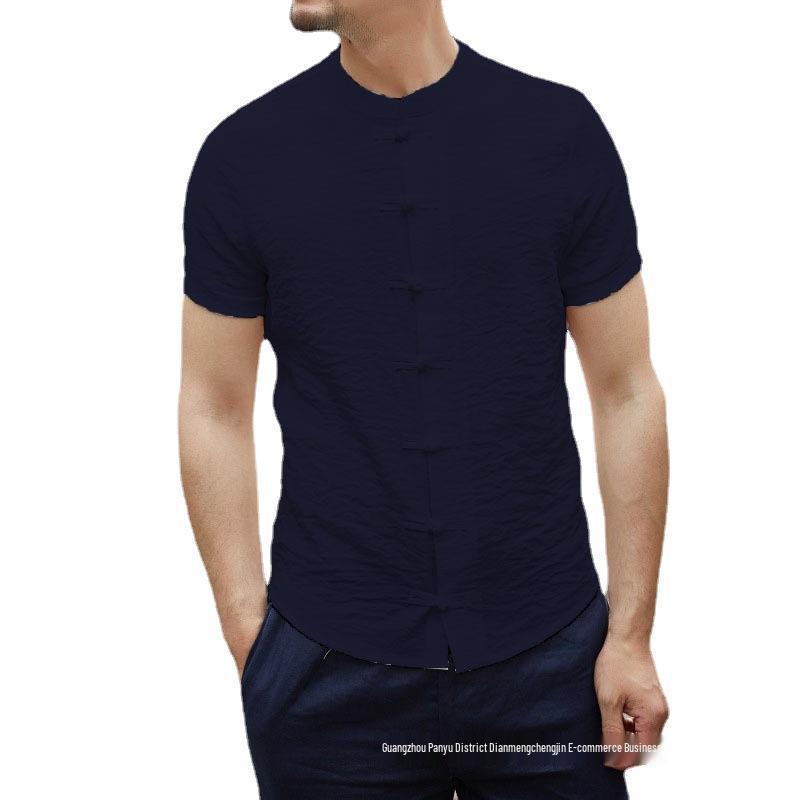 Men's 2024 Summer Chinese Style Frog Button Stand Collar Short Sleeve Plus Size Shirt