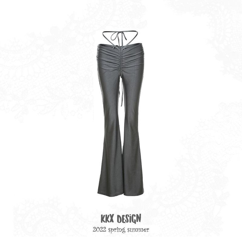 Fashion Sexy Wind Drawstring Lace Bell-Bottom Pants Ins High Street Sexy Low Waist Strap Hip Bag Women's Casual Pants