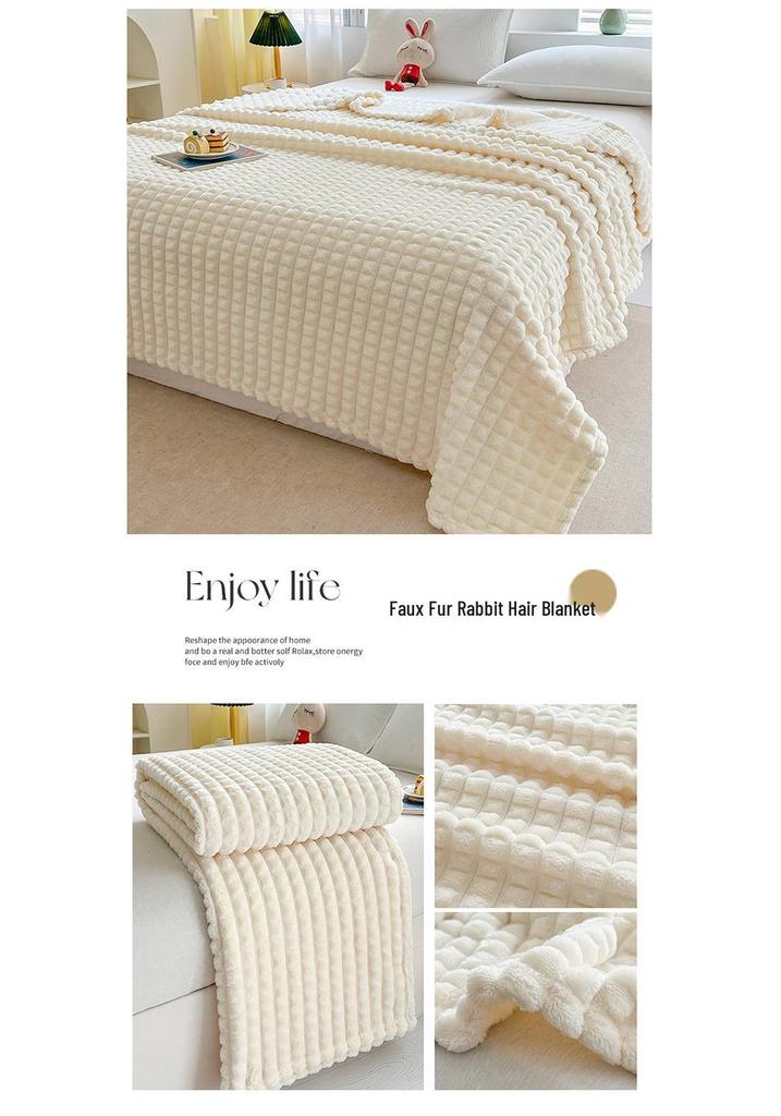 Faux Fur Rabbit Hair Plaid Striped Sofa and Nap Blanket