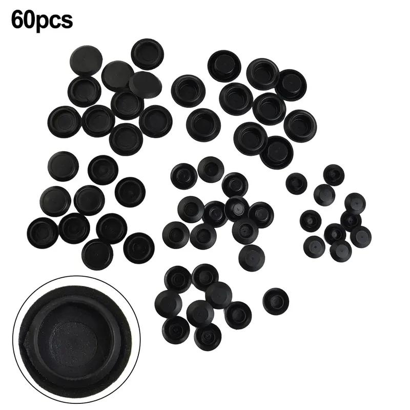 60 Piece Flush Mount Black Plastic Hole Plug Assortment Auto Sheet Metal Plastic Hole Plugs Kit Flush Types Auto Fastener