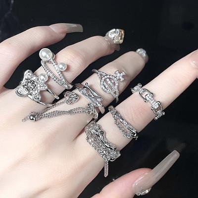 Diseño de Nicho Cadena Premium Viento Frío Plegado Francés Completo Diamante Circonita Personalidad Saturno Anillo Abierto
