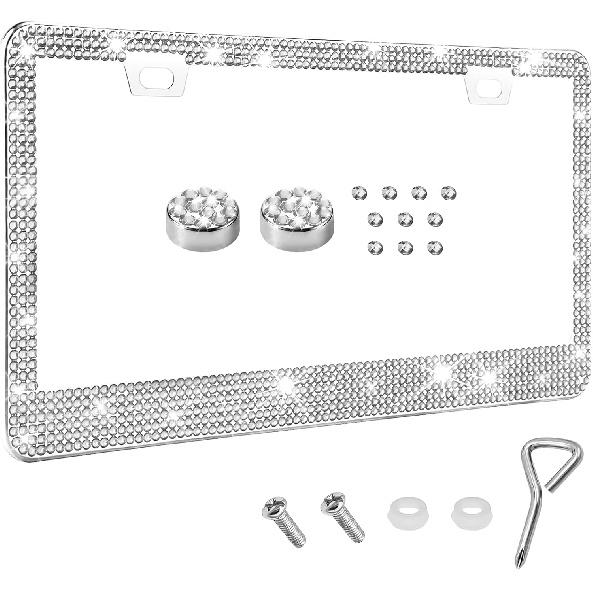 Bling License Plate Frame for Women, License Plate Holder, Sparkly Rhinestone Diamond Tag Holder Frames with Crystal Screws Caps, Stainless Steel
