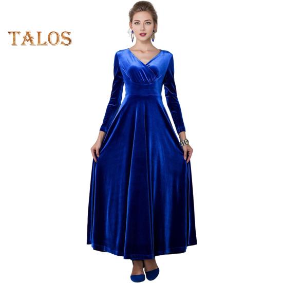 Abendkleid für Damen, goldener Samt, V-Ausschnitt, plissiert, A-Linie, reine Farbe, lange Ärmel, langes Kleid, hohe Taille, Abschlussball, Party, Maxikleid