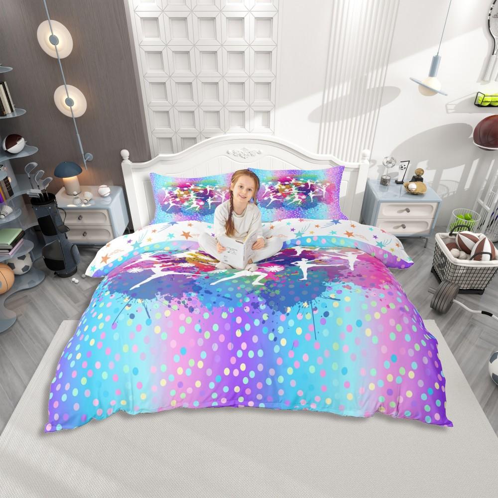 Homewish Girls Gymnastics Lover Duvet Cover Set,Green Pink Sequin Print Bedding Set,Cartoon Princess Print Bed Set
