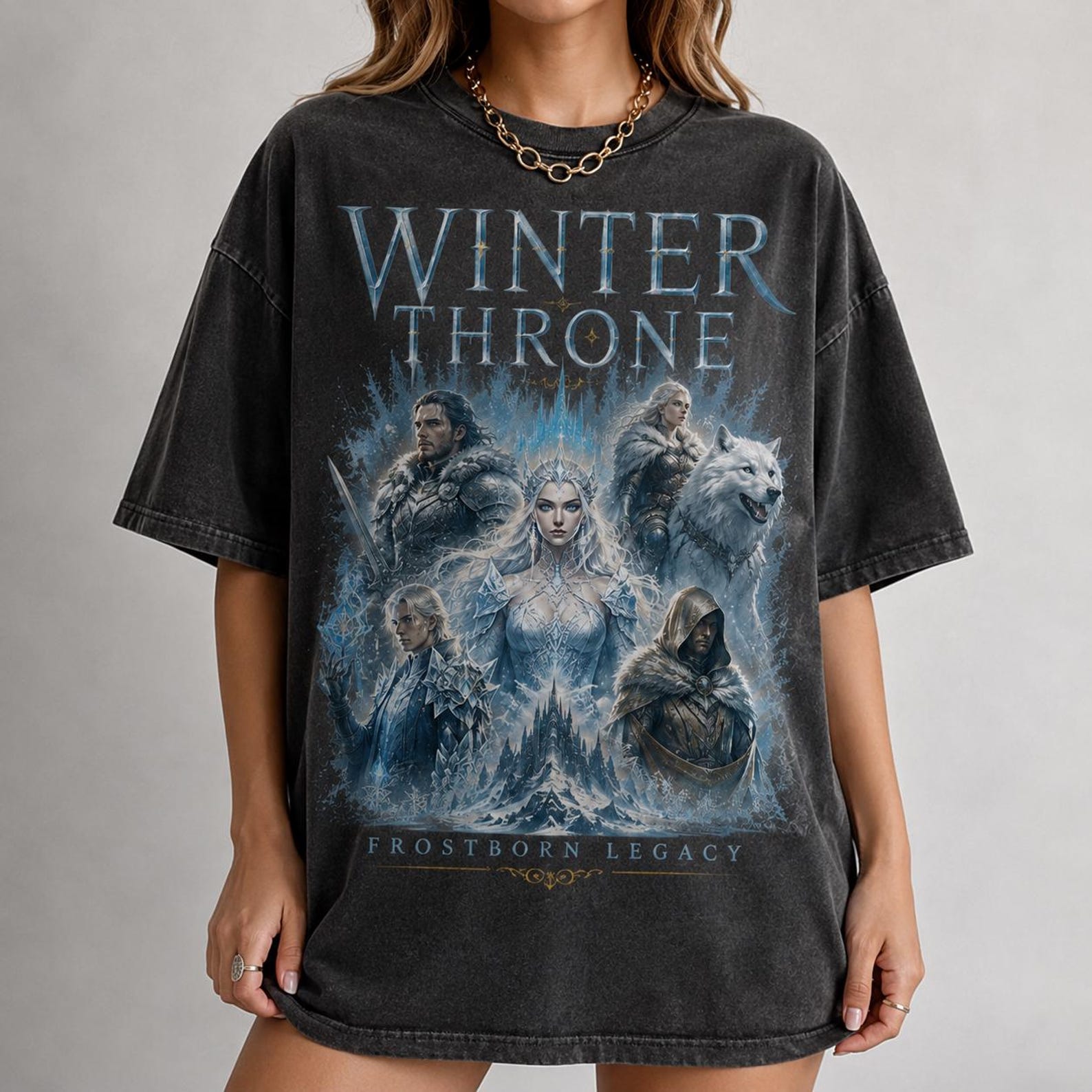 Winter Throne Graphic Tee, Frostborn Legacy Dark Washed T-Shirt, Medieval Ice Queen Shirt S