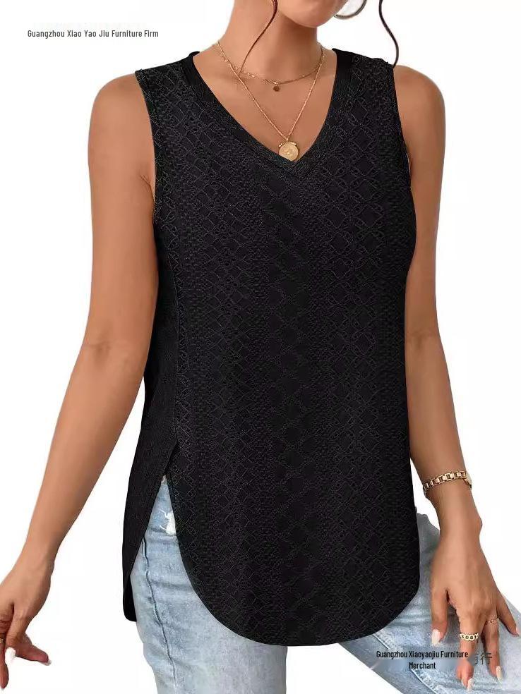 Spring/Summer V-Neck Sleeveless Eyelet Jacquard Women's Casual Vest Top