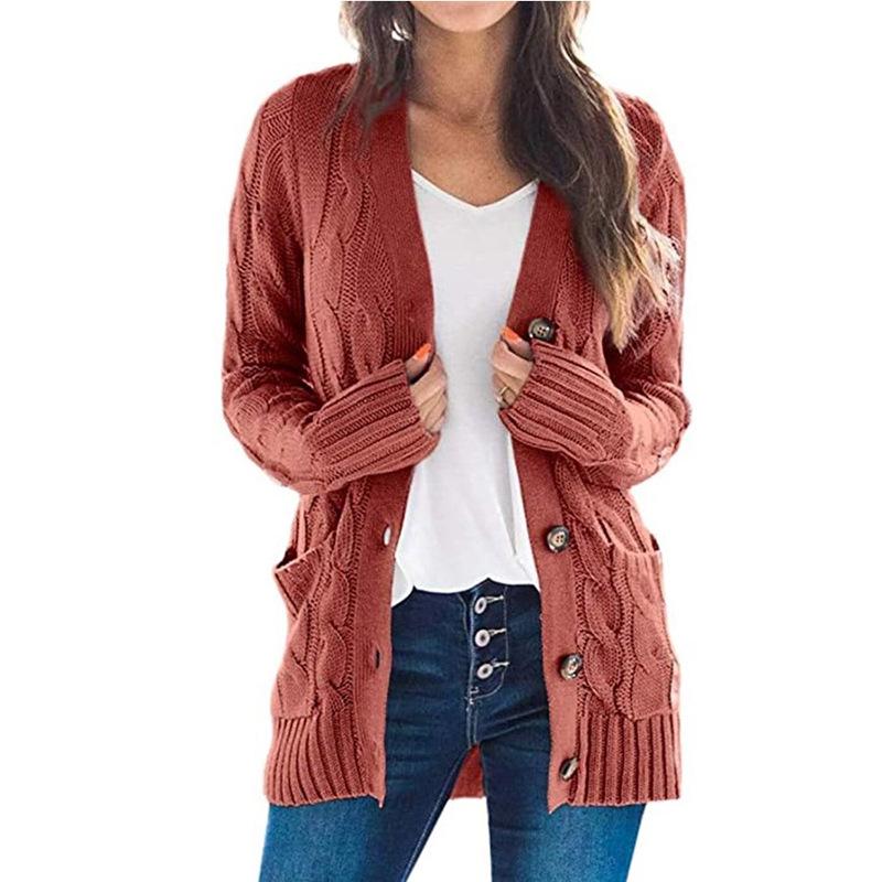 2024 Women's Autumn/Winter Cable Knit Button-Up Cardigan - European and American Casual Outerwear, Solid Color Sweater