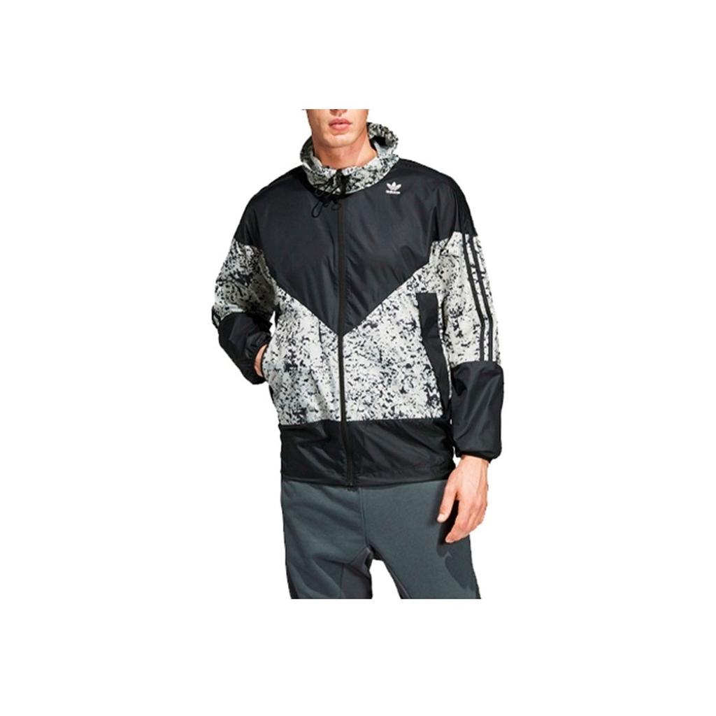 adidas Originals Trefoil Splice Logo Print Casual Hooded Jacket Men Jackets Black White DV1965