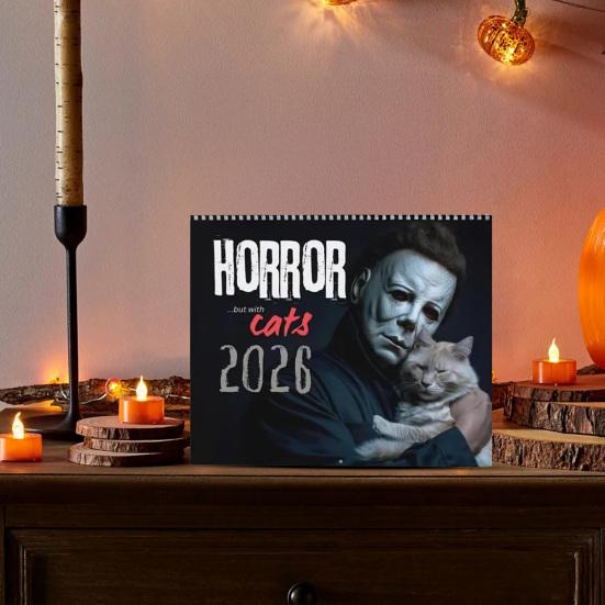 2026 Halloween Horror Movie And Cats Wall Calendar 12-Month Planner with Spooky Cat Illustrations Wall Hanging Spiral Bound Calendar for Scary