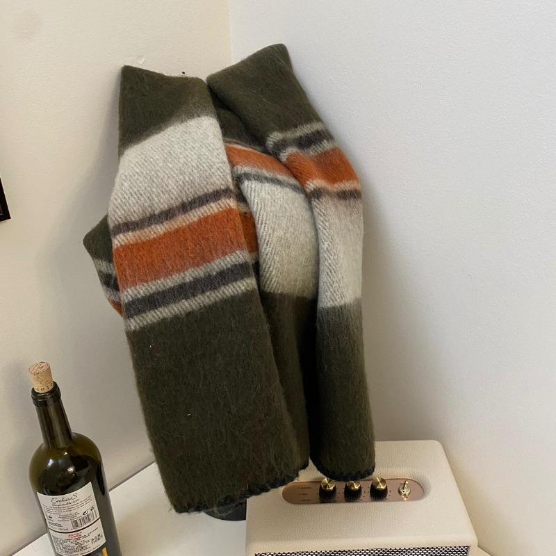 

Высококачественный женский мужской корейский шарф в стиле ретро, имитация кашемира, теплая мягкая толстая цветная блокировка, теплые универсальные шарфы One Size бежевый/армия зеленый