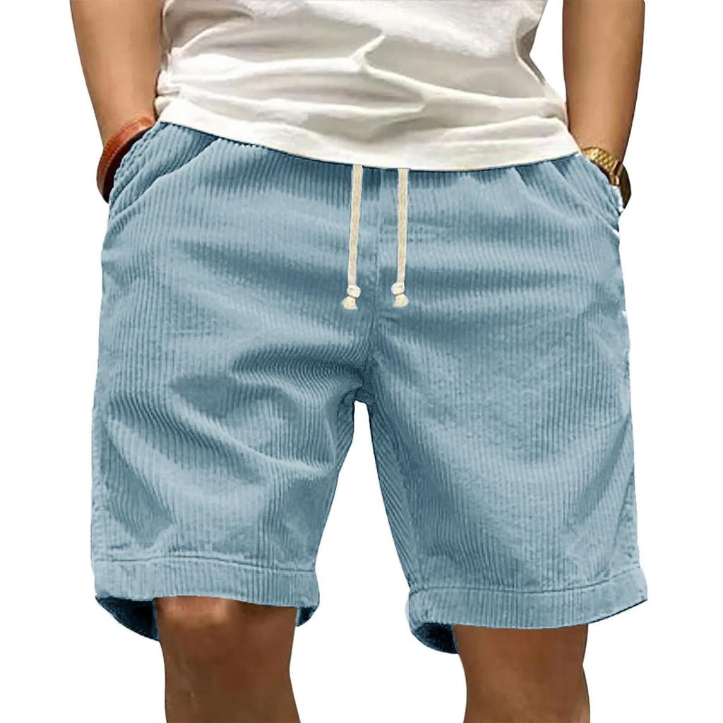 Mens Corduroy Casual Shorts with Elastic Waistband Drawstring Adjustable Fit Relaxed Summer Lightweight Shorts for Daily Wear