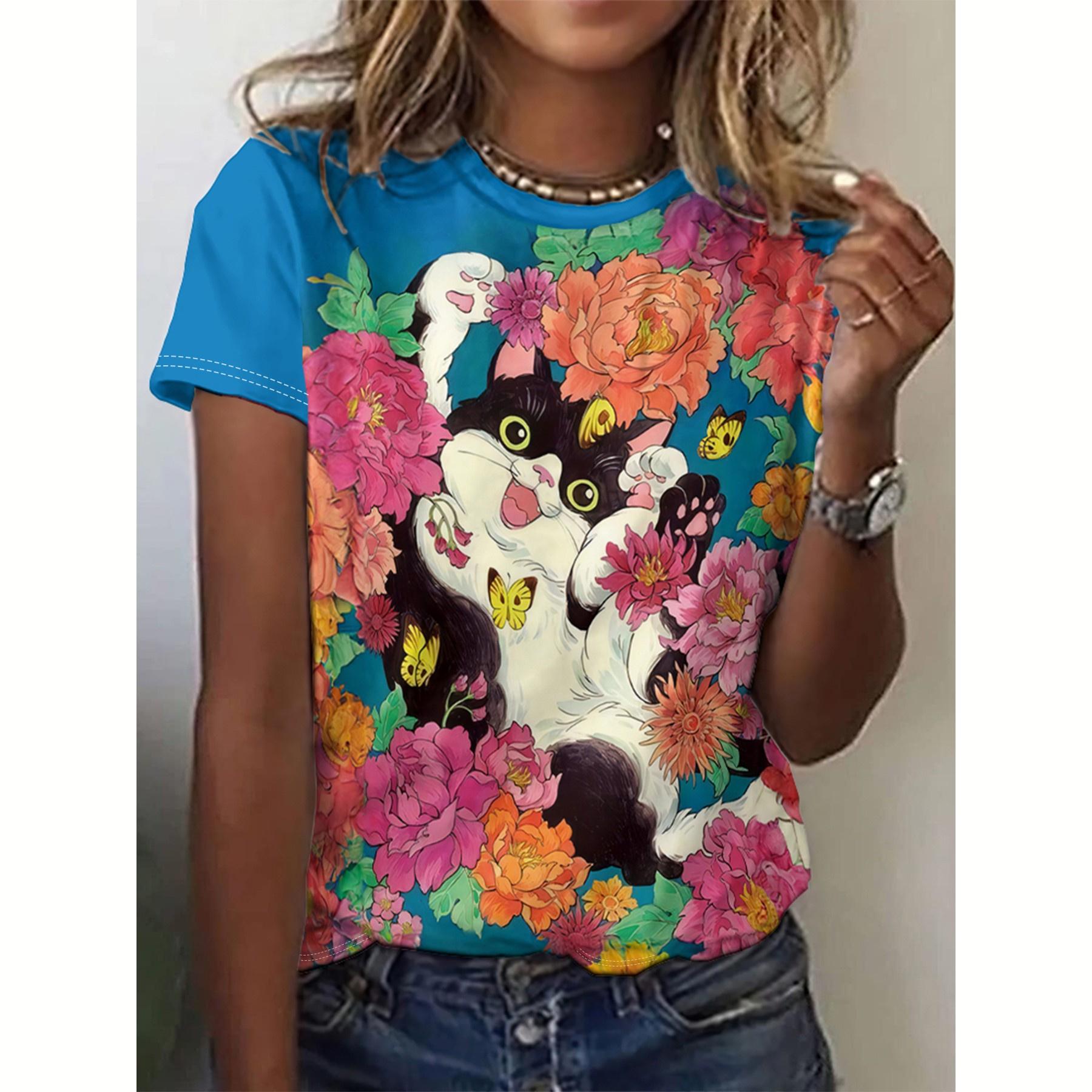 

Летняя женская футболка с принтом кошки, повседневные футболки с короткими рукавами и 3d футболками, модная уличная одежда, женский пуловер с круглым вырезом, одежда оверсайз 6XL