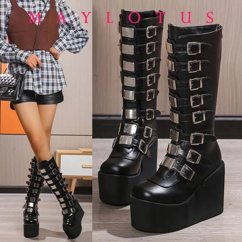 Mode Luxusschuhe Neue Punk-Stiefel High Heel Plateau Keilabsatz Damen Hohe Stiefel Gothic Schnallenriemen Langer Schaft Leder Damenstiefel