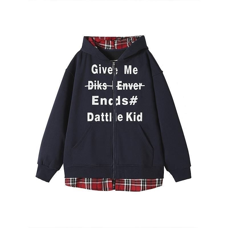 Extra large size 150kg fake two-piece splicing plaid hooded sweater men's and women's autumn couple's cardigan jacket top 2