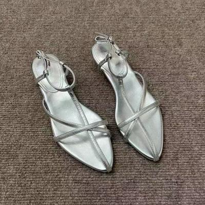 Mode Mode Weiche Leder Ballerinas Sommer Temperament Spitz Zehen Kreuz Dünner Riemen Metallschnalle Linienriemen Rutschfeste Sandalen