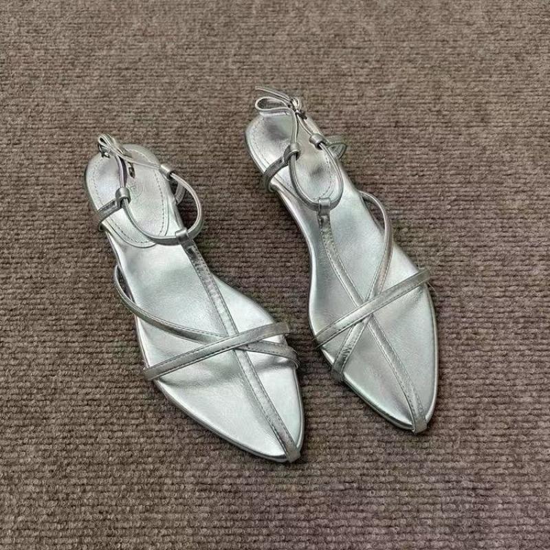 

Fashion Fashion Soft Leather Flats Summer Temperament Pointed Cross Thin Strap Metal Buckle Line Strap Non-slip Sandals 40 серебряный