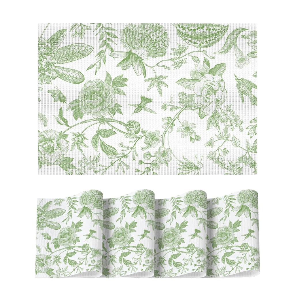 Blaues Blumenmuster Vögel Frühling Vinyl Tischsets Set of 4, Waschbar Hitzebeständig Rutschfest Gewebter Kunststoff PVC Platzsets
