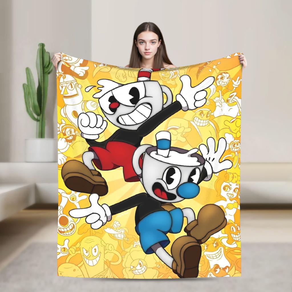Cuphead cartoon Flannel Blankets Super Warm Throw Blanket for Couch Chair Camping Fashion Bedspread Sofa Bed Cover