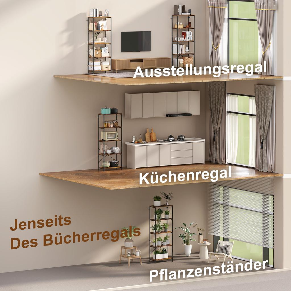 5-Tier Bookshelf, Industrial Bookcase with Metal Frame - Rustic Brown and Black