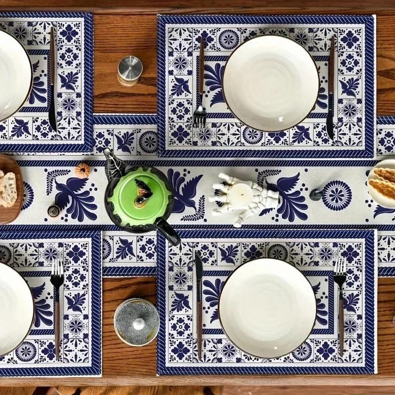 4PC Meal Mats Ceramic Floral Phoenix Carnival Mexican Mat Table Pads Non Slip Heat Resistant Place Dining Mat for Farmhouse