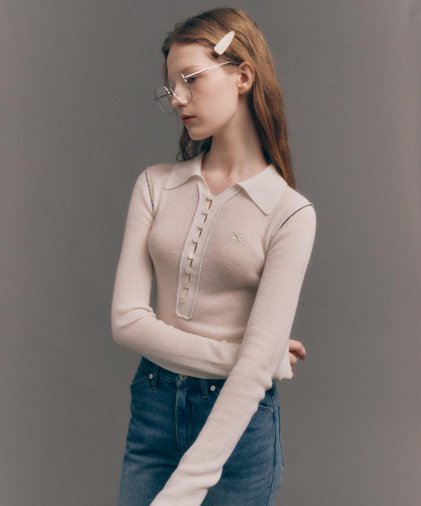 Seteo (W) Collar Button Long Sleeve Knit Cream