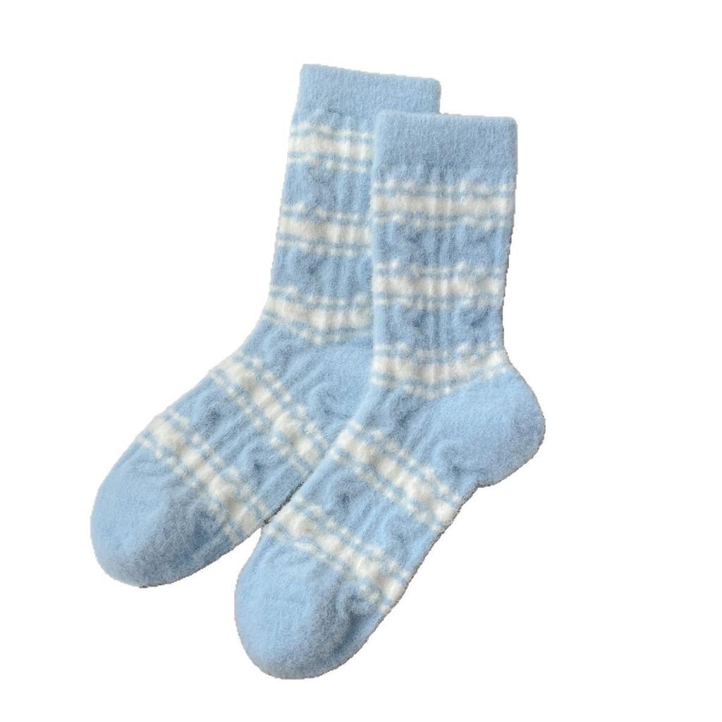 Super Winter Bear Warmth Thickened Bow Australian Velvet Cartoon Winter Sleep Socks Mid-Tube Embroidered Blue