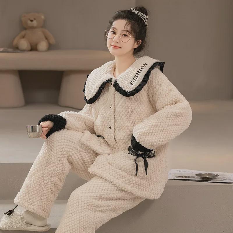 Women's Winter Pajama Set - Three-Layer Quilted, Thick Velvety Coral Fleece, Warm & Cute Bear Design