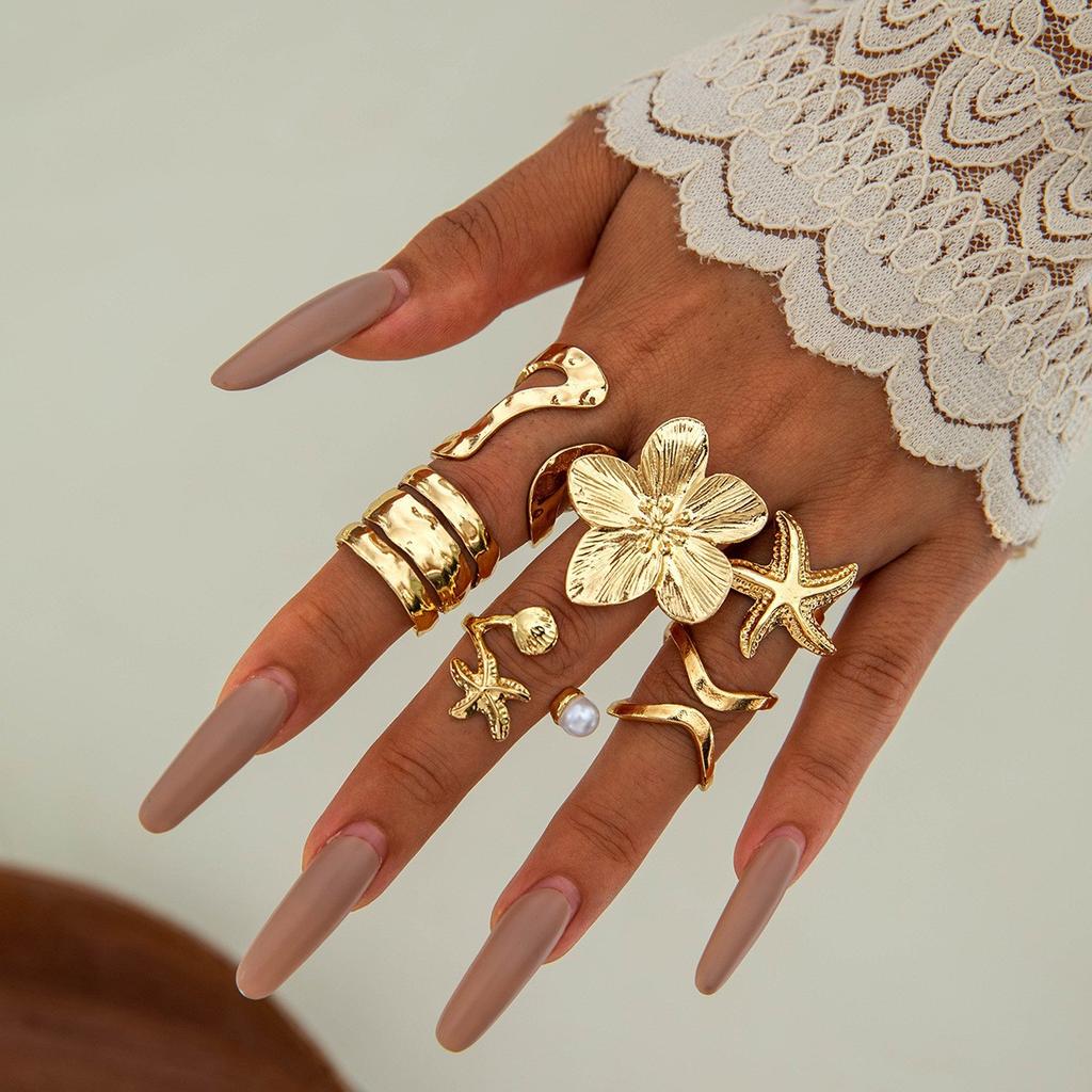 Bohemian Starfish Ring Set, Geometric Hollow Sun Flower Ring Ring for Women