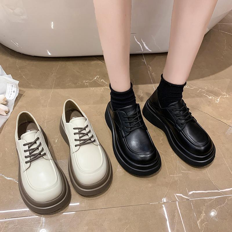 White Small Leather Shoes Women's 2025 Spring and Summer British College Style Lace-up Platform Shoes Round Head Japanese Jk Uniform Shoes