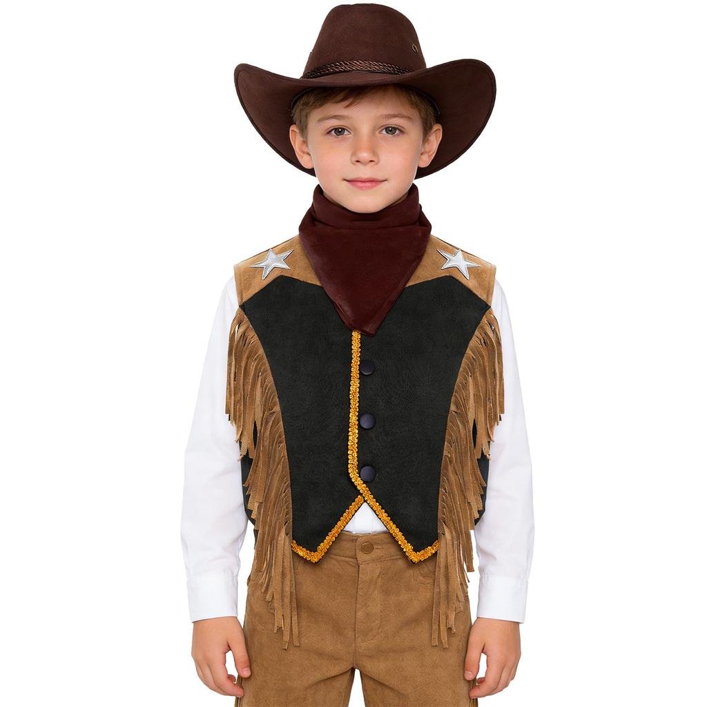 Costume da Cowgirl Western per Bambini Set Gilet Frangiato Bordatura in Nastro Dorato Bottoni a Pressione Cappello a Tesa Larga Bandana Outfit