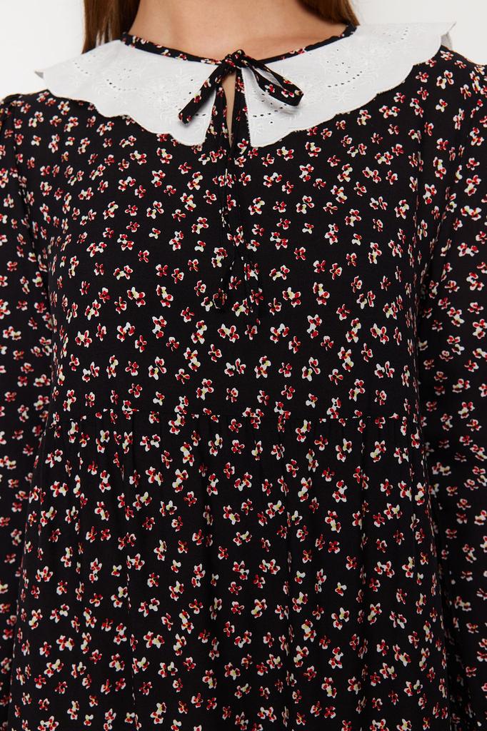 Women's Style Hijab Dress Black Patterned Scallop Neck Detailed Viscose Dress