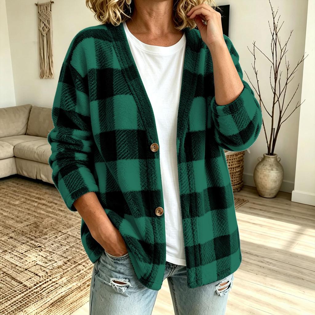Women's Casual Plaid Cardigan V-Neck Loose Fit Open Front Jacket