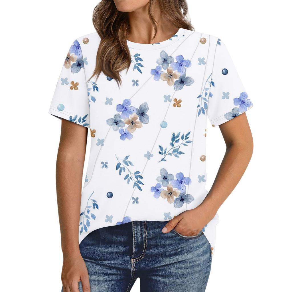 Women's Fashion Casual Floral Print Pullover Short Sleeve Top