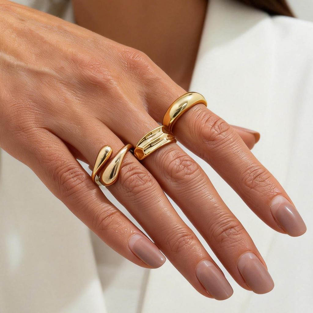 Hip-Hop Style Metal Pleated Open Ring Set, Simple Glossy Water Drop Hug Ring Woman